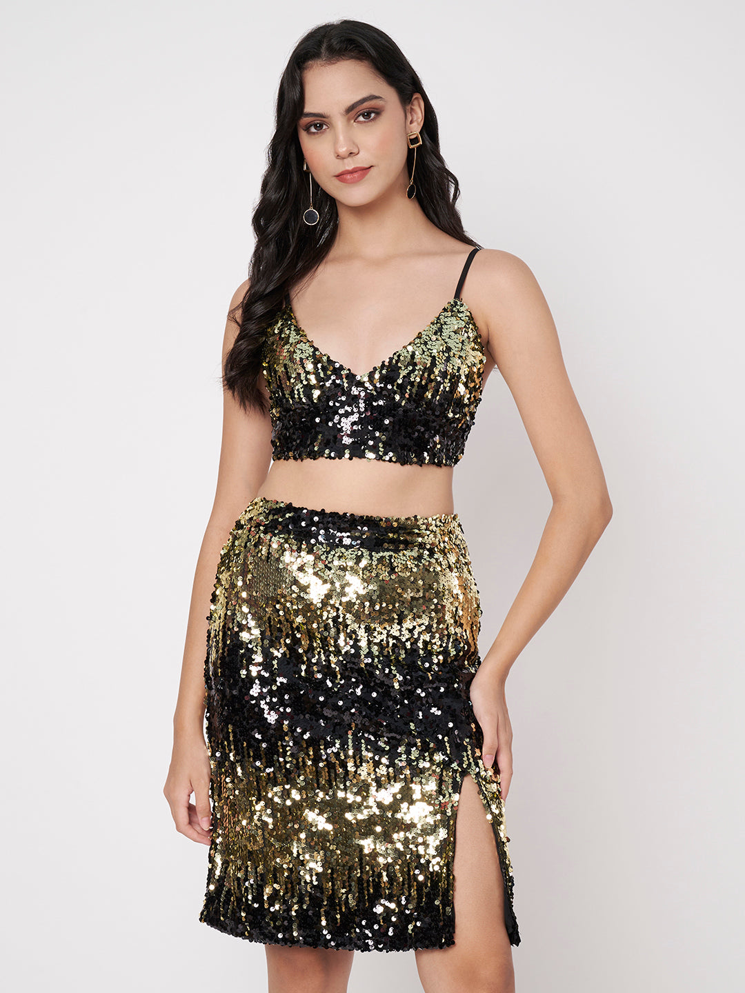 Women's Black Embellished Top with Skirt Co-ords