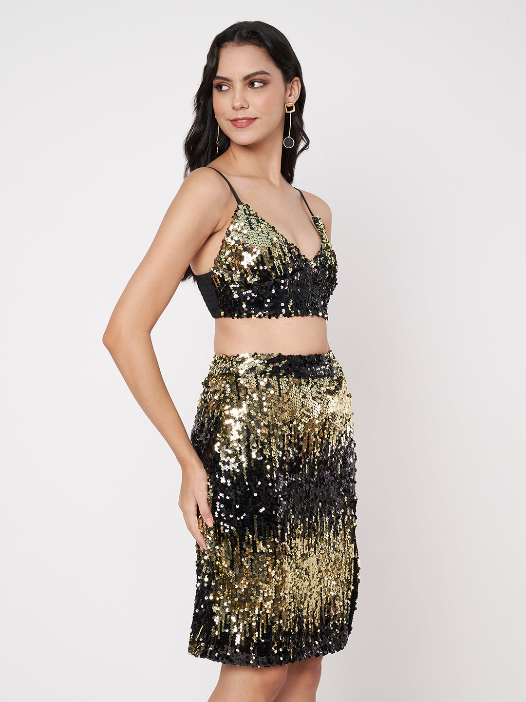 Women's Black Embellished Top with Skirt Co-ords