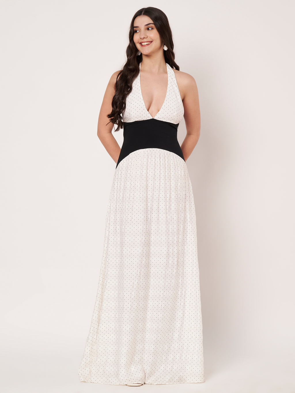 White Polka Dot Halter Neck Maxi Dress