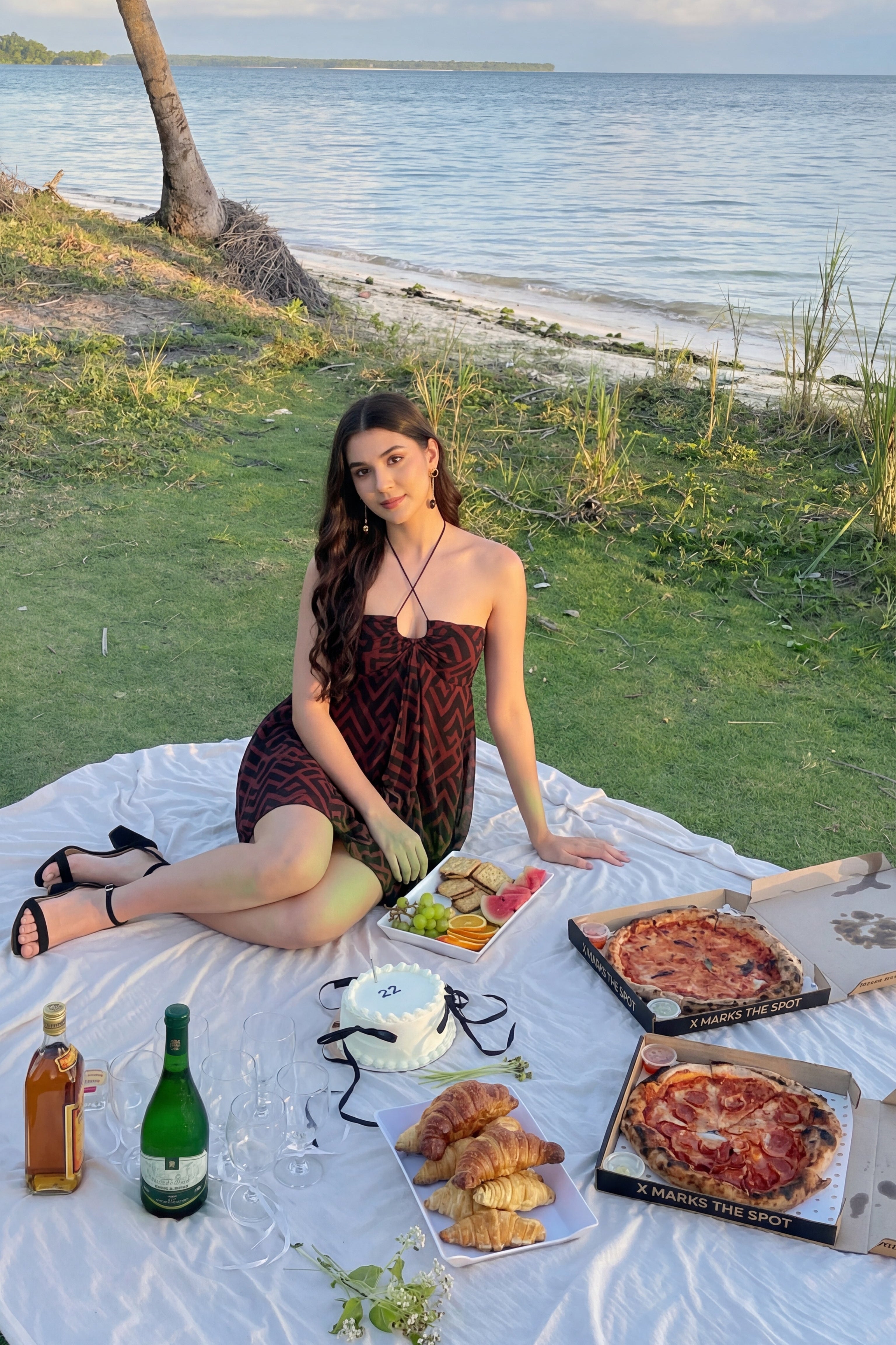 Woman sitting on a blanket by the beach with pizza and drinks