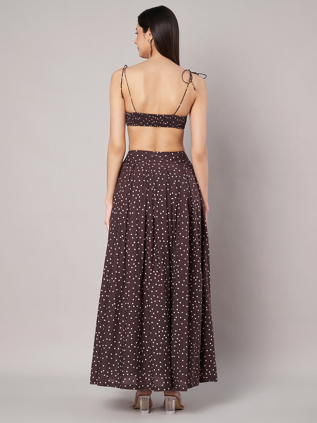 Women's Brown Cotton Polka Dots Top with Skirt Co-ords