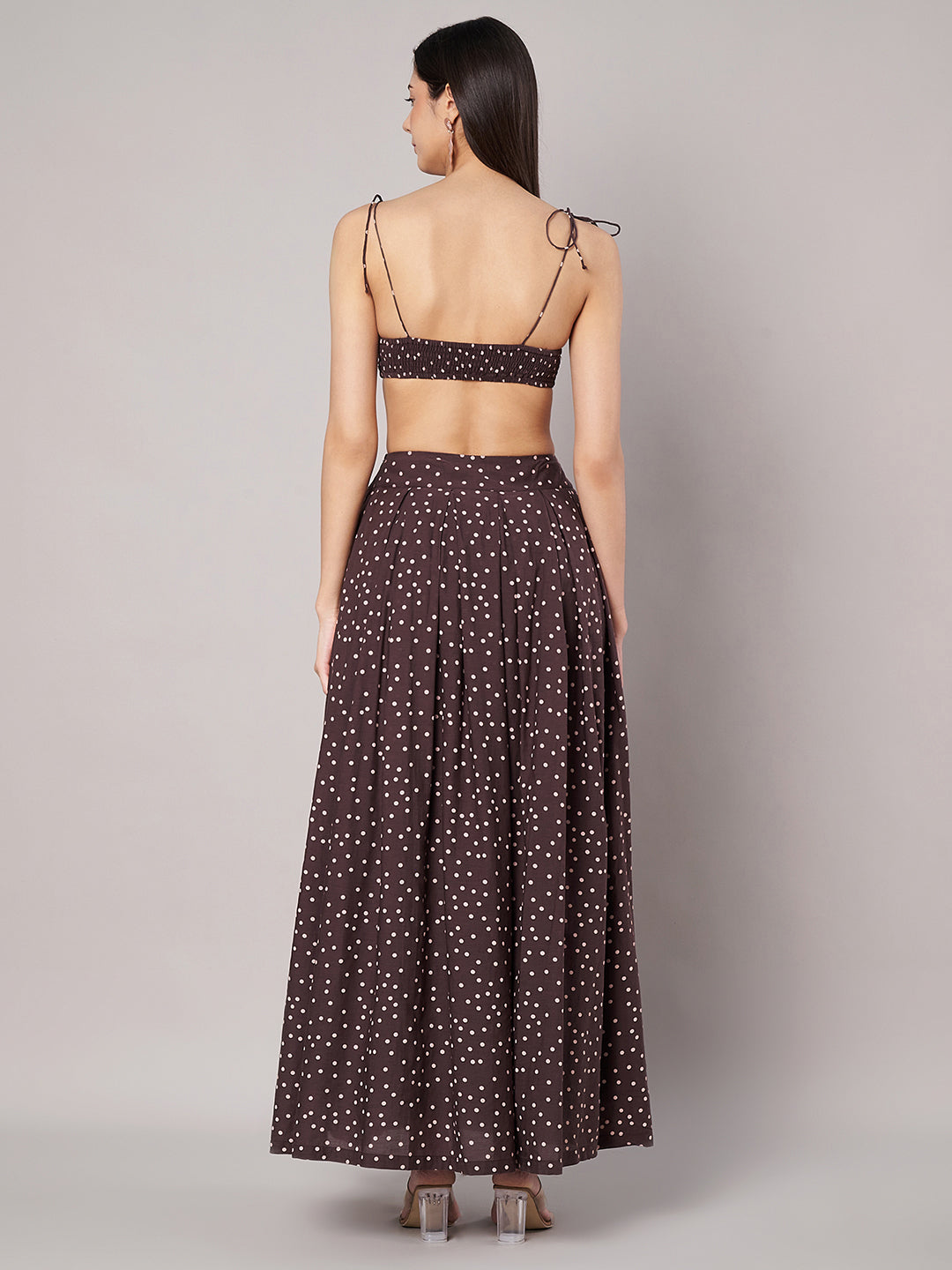 Women's Brown Cotton Polka Dots Top with Skirt Co-ords