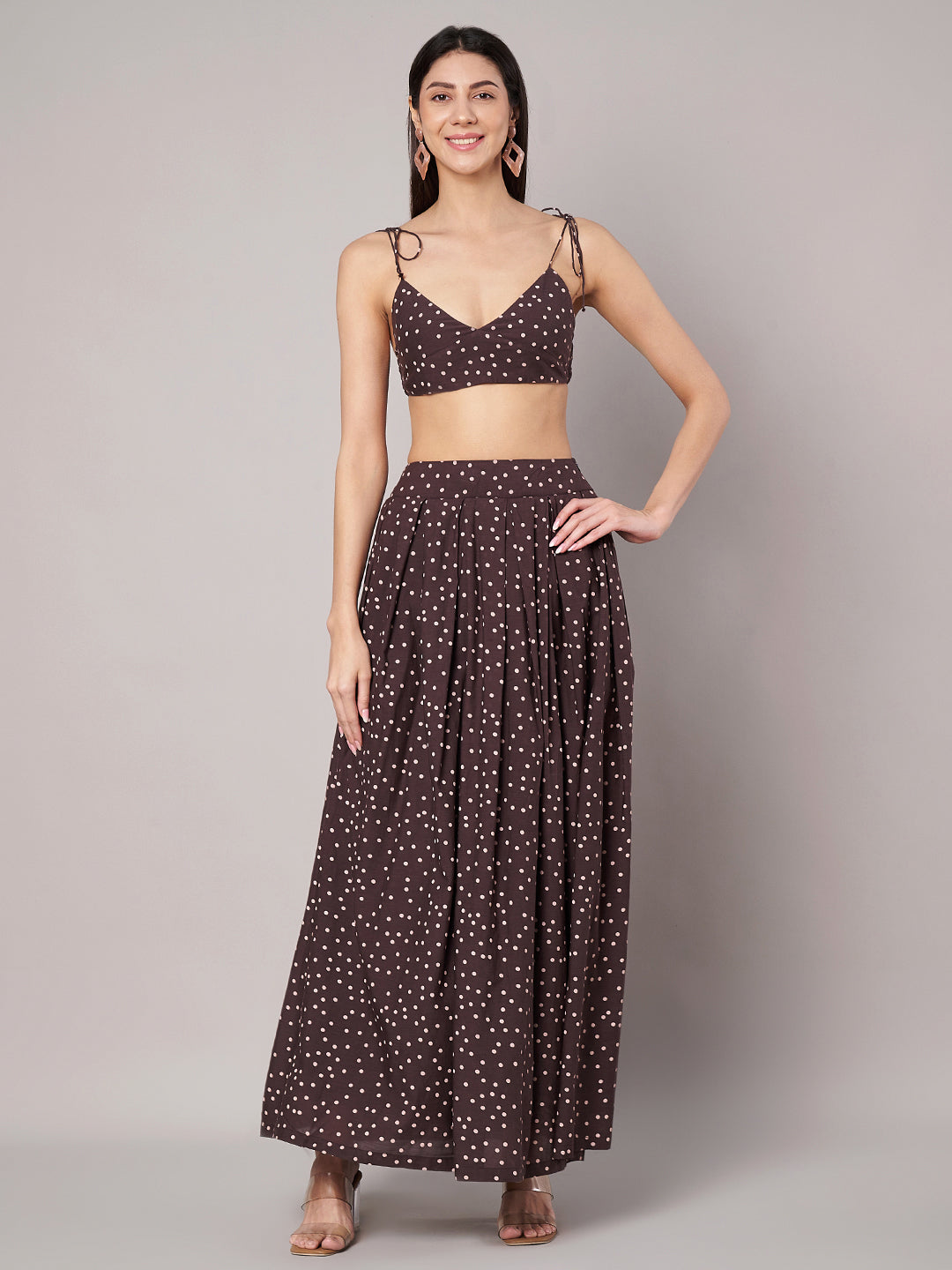 Women's Brown Cotton Polka Dots Top with Skirt Co-ords