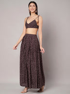 Women's Brown Cotton Polka Dots Top with Skirt Co-ords