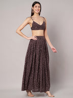 Women's Brown Cotton Polka Dots Top with Skirt Co-ords