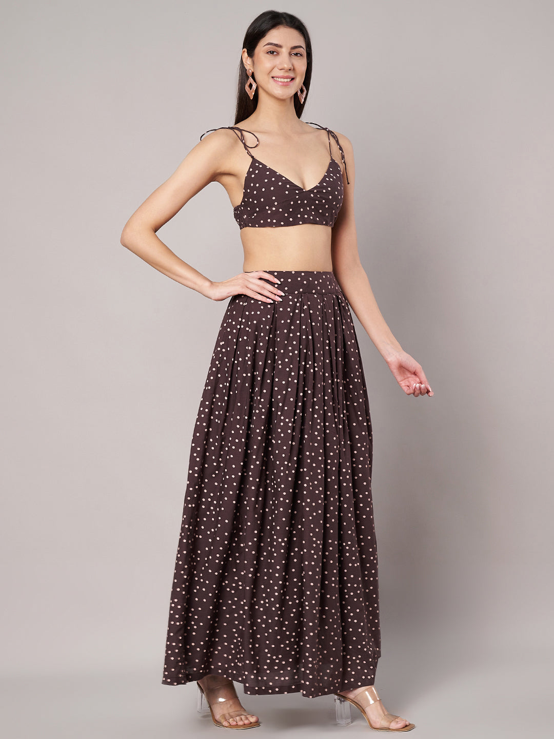 Women's Brown Cotton Polka Dots Top with Skirt Co-ords