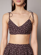 Women's Brown Cotton Polka Dots Top with Skirt Co-ords