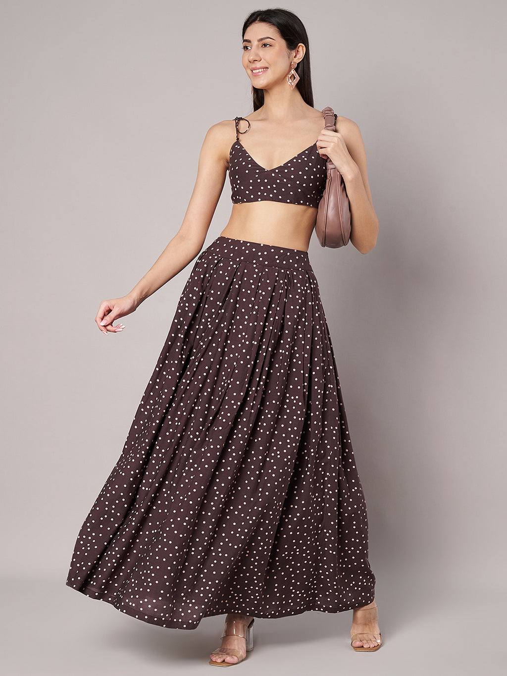 Women's Brown Cotton Polka Dots Top with Skirt Co-ords