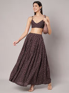 Women's Brown Cotton Polka Dots Top with Skirt Co-ords
