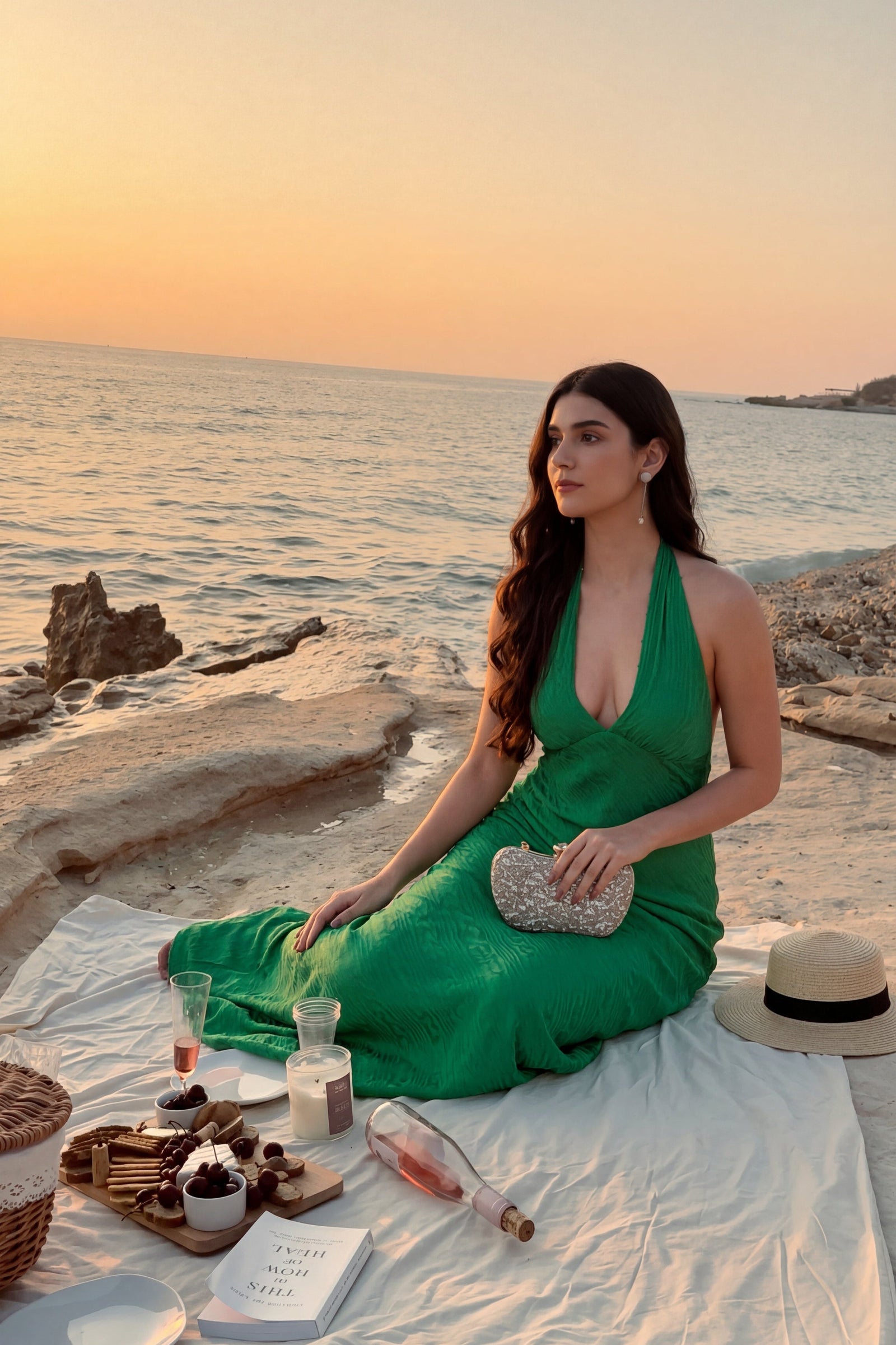 Woman in a green dress sitting on a beach with a picnic setup at sunset.