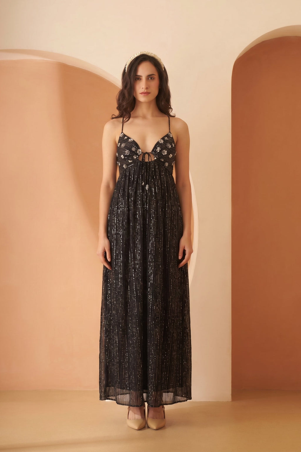 Lurex Black Shoulder Straps Sleeveless Maxi Dress