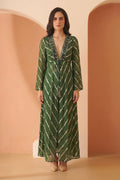 Green Printed Longline Tie-Up Shrug Dress