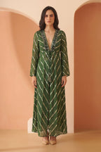 Green Printed Longline Tie-Up Shrug Dress