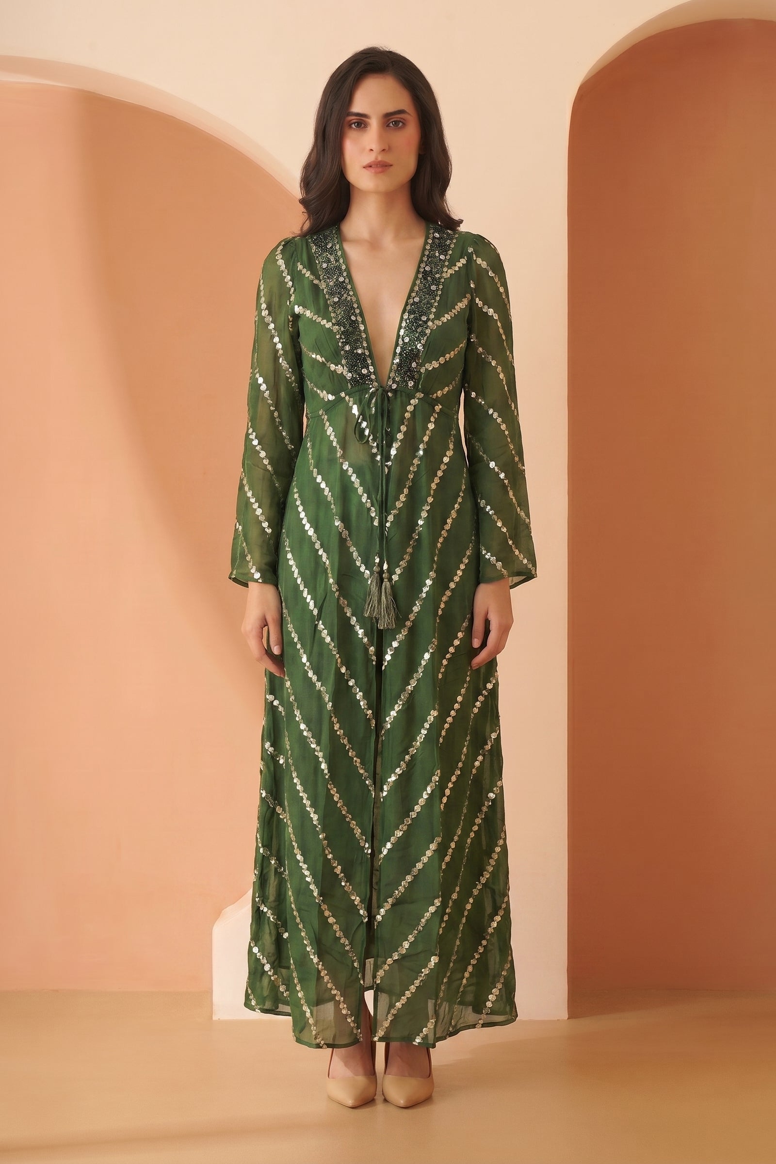 Green Printed Longline Tie-Up Shrug Dress