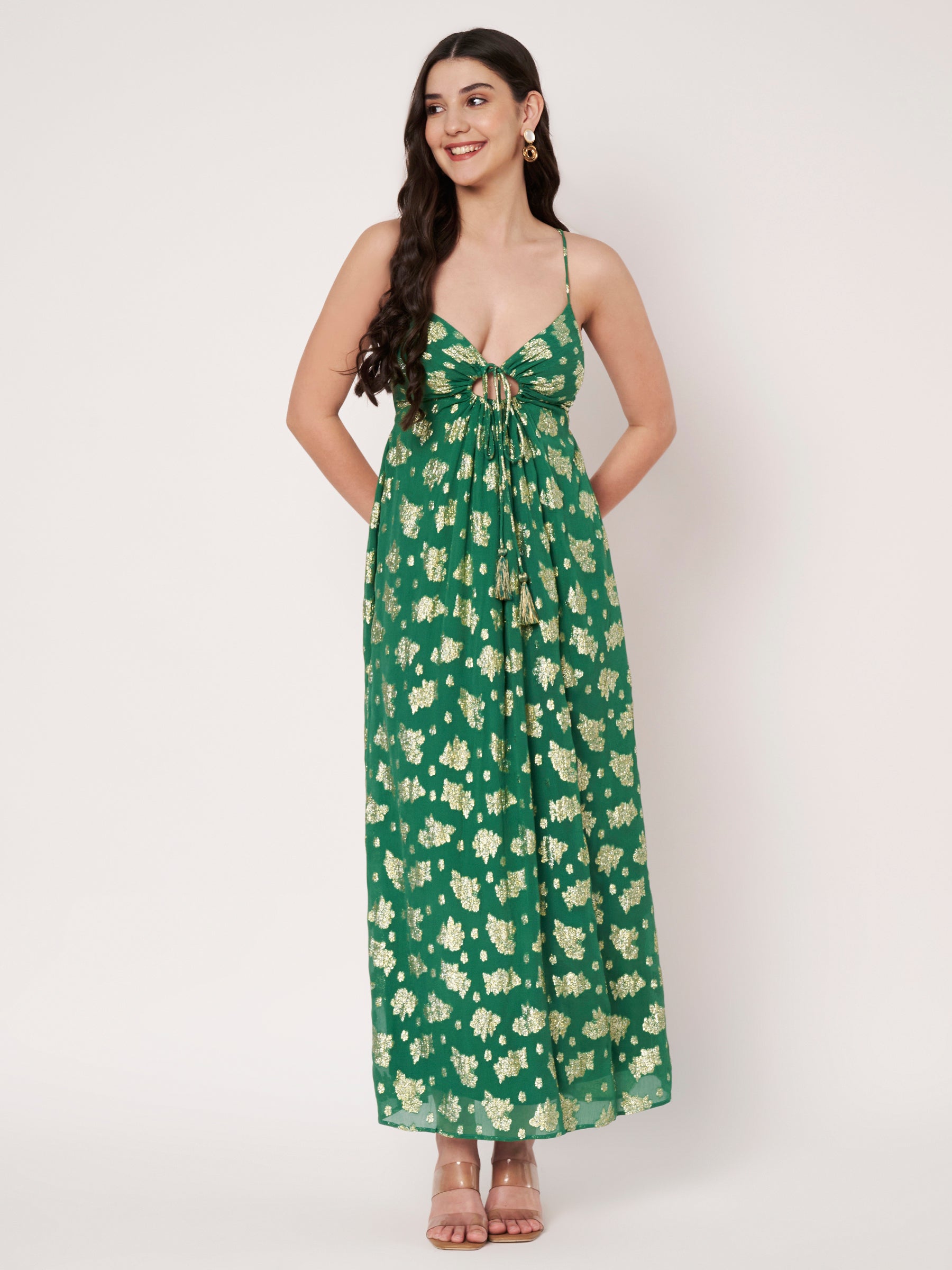 Green Lurex Fit & Flare Maxi Dress