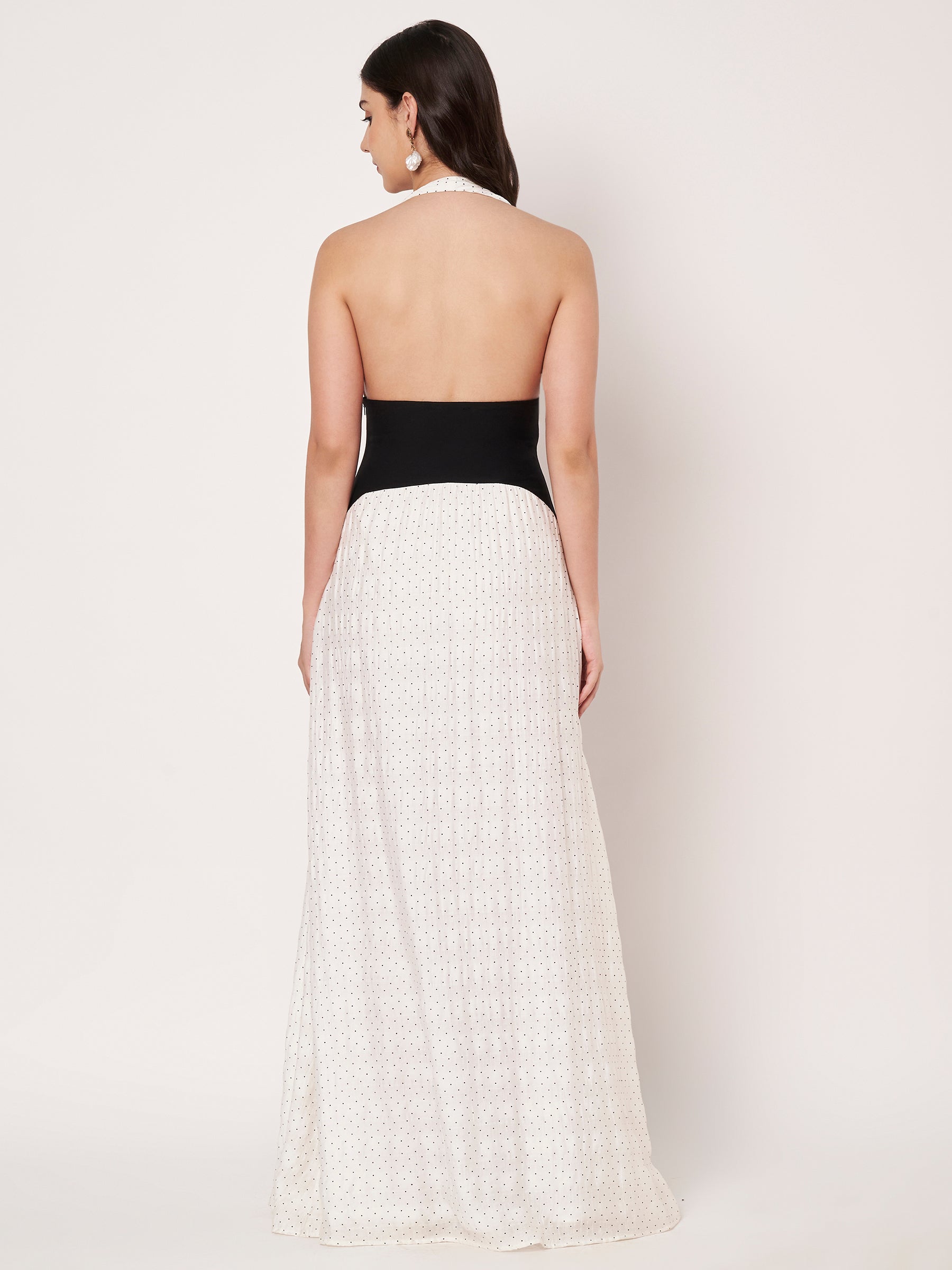 White Polka Dot Halter Neck Maxi Dress