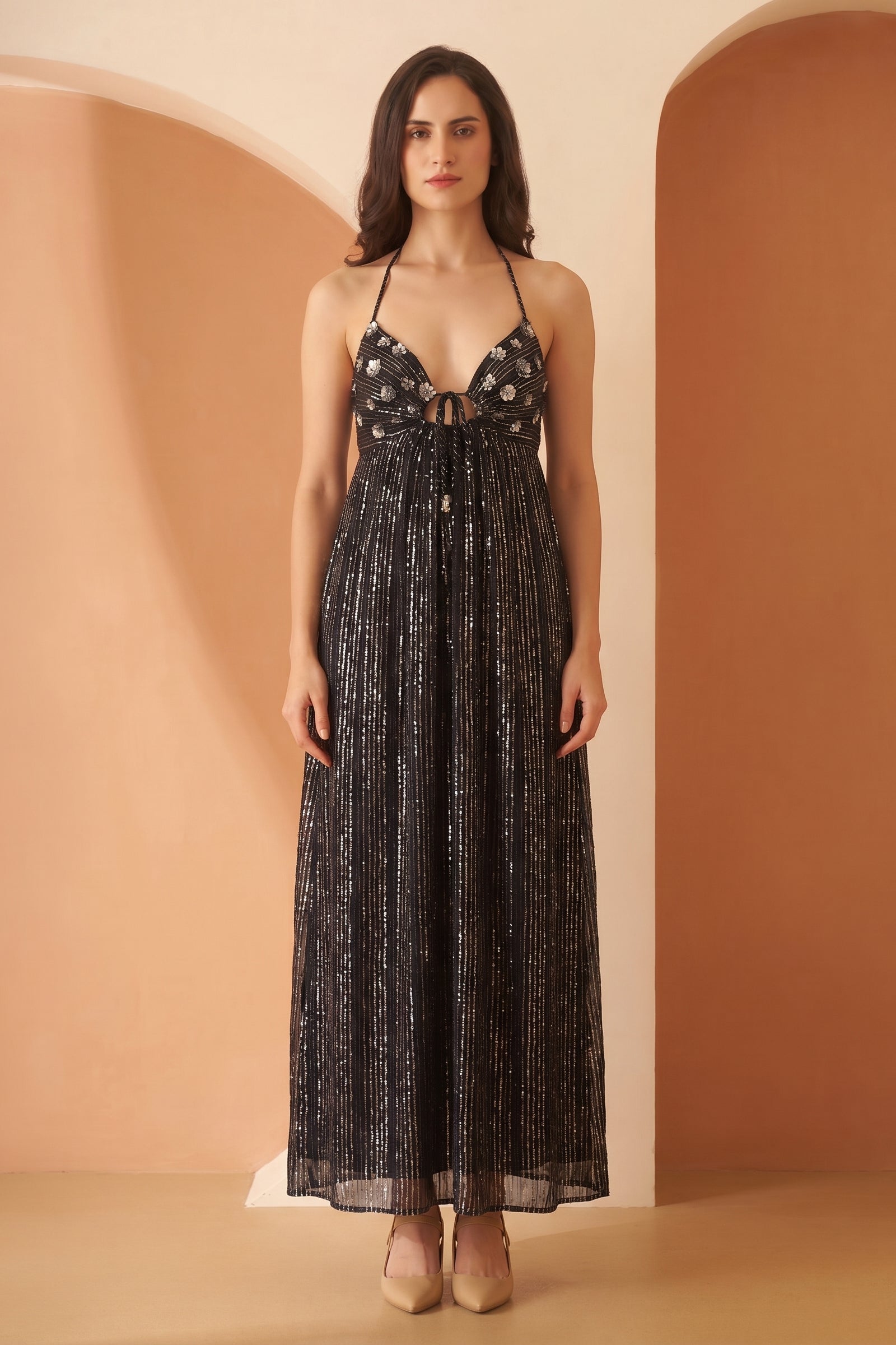 Lurex Black Shoulder Straps Sleeveless Maxi Dress
