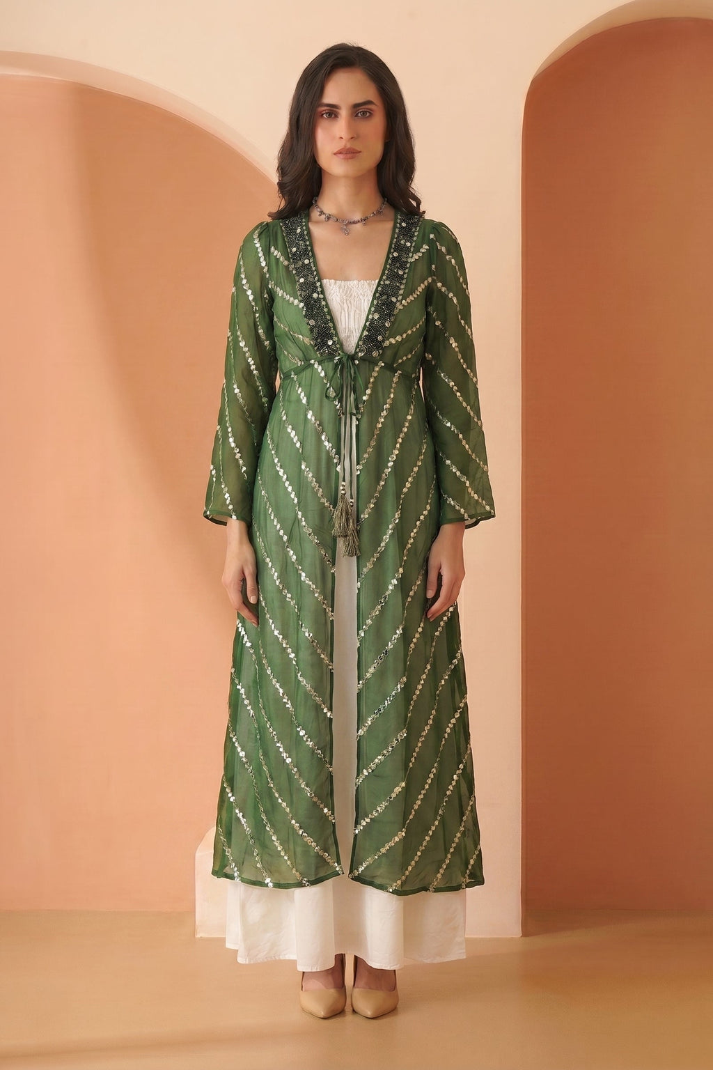 Green Printed Longline Tie-Up Shrug Dress