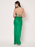 Green Jacquard Halter Neck Maxi Dress