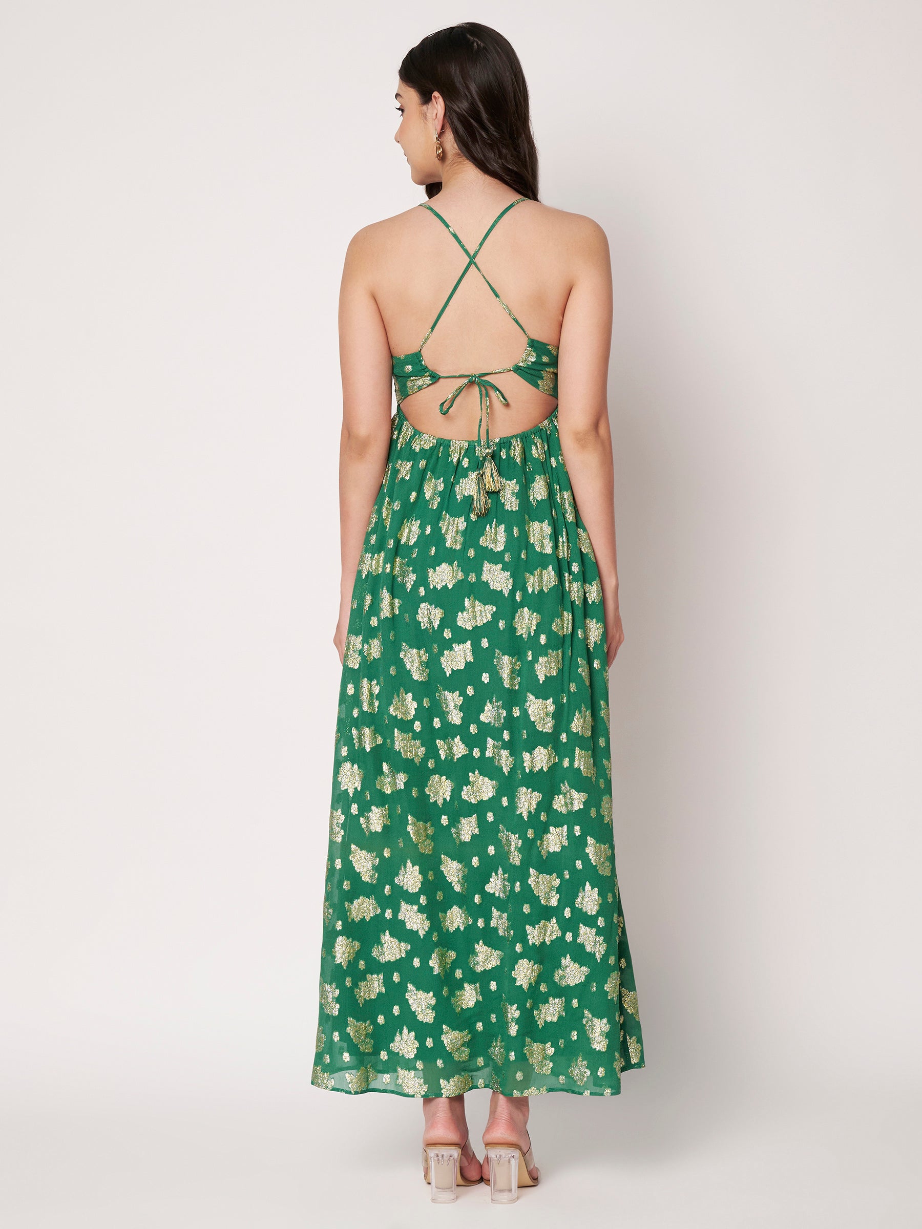 Green Lurex Fit & Flare Maxi Dress
