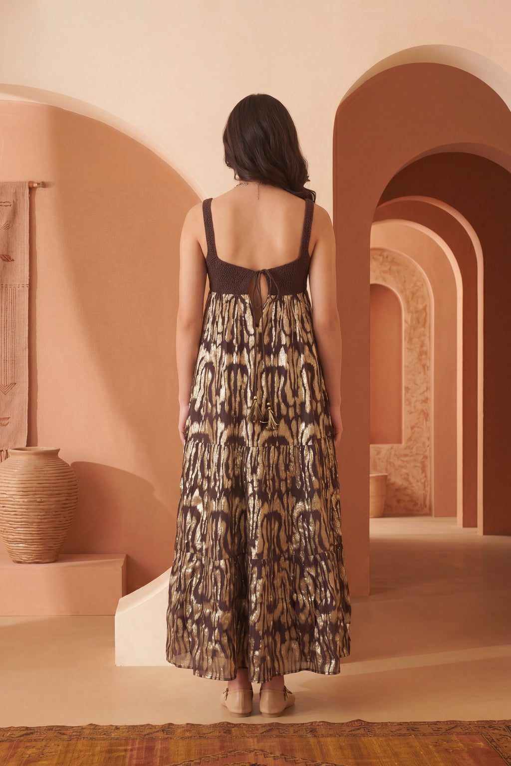 Brown Embellised Seleevless Cotton Maxi Dress