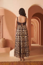Brown Embellised Seleevless Cotton Maxi Dress
