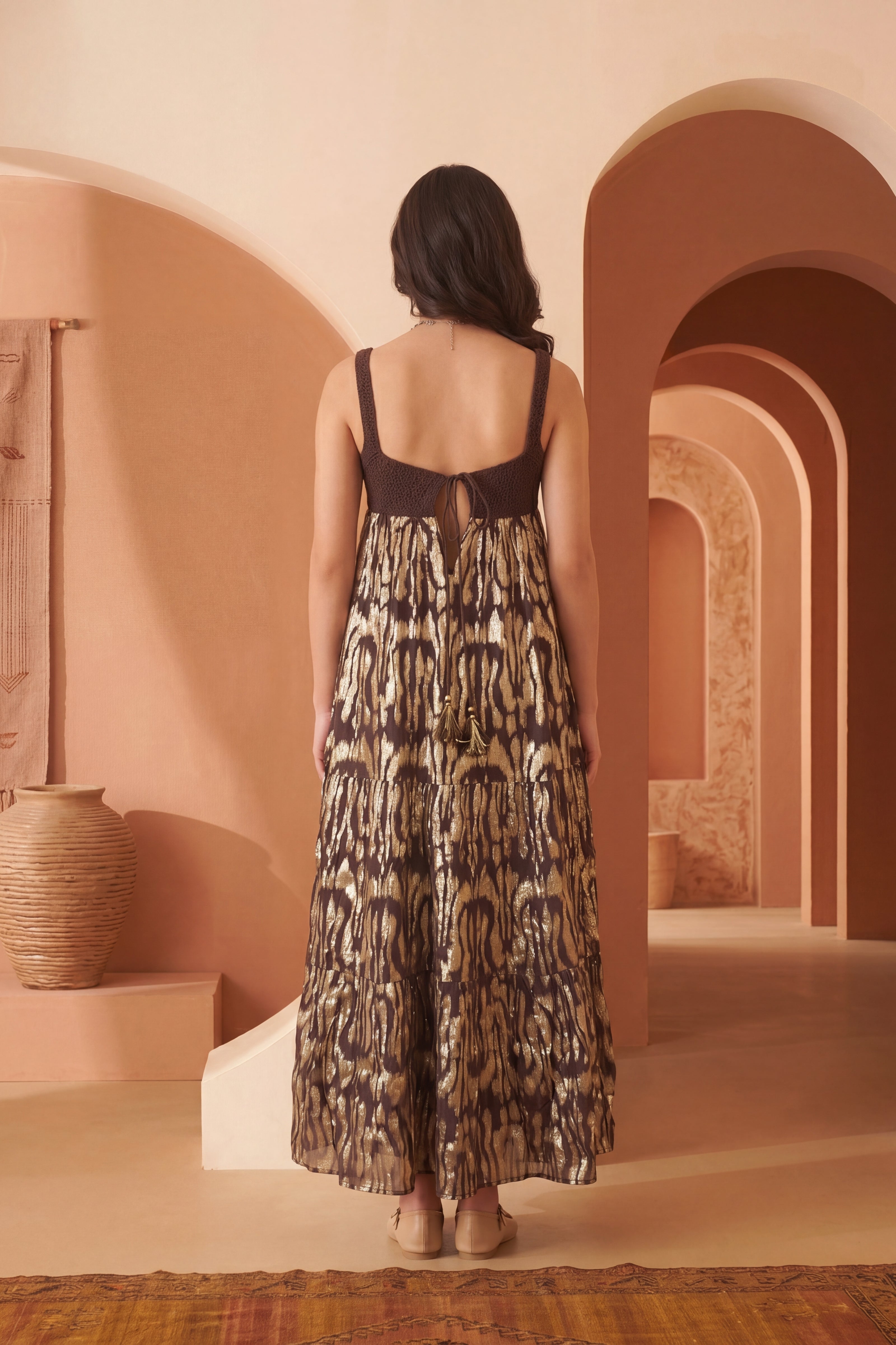 Brown Embellised Seleevless Cotton Maxi Dress