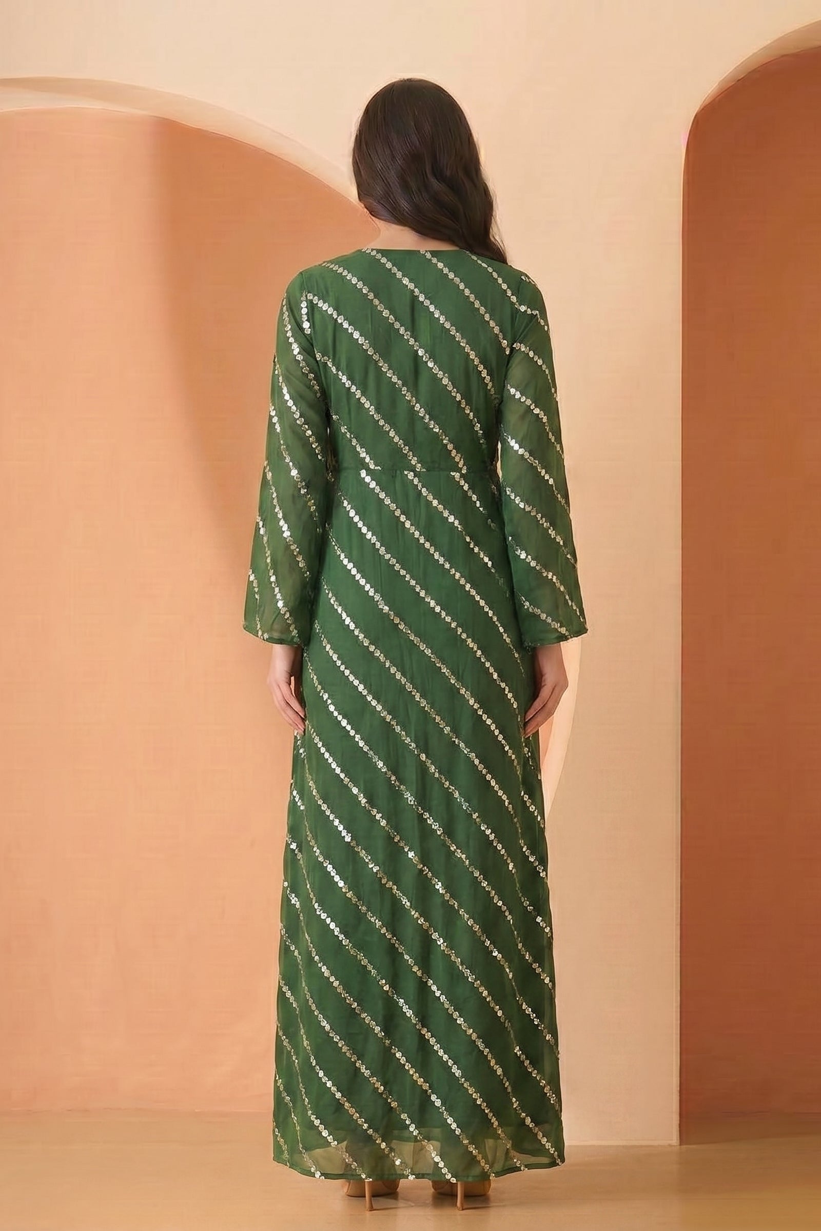 Green Printed Longline Tie-Up Shrug Dress