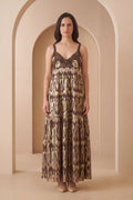 Brown Embellised Seleevless Cotton Maxi Dress