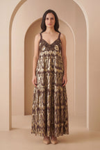 Brown Embellised Seleevless Cotton Maxi Dress