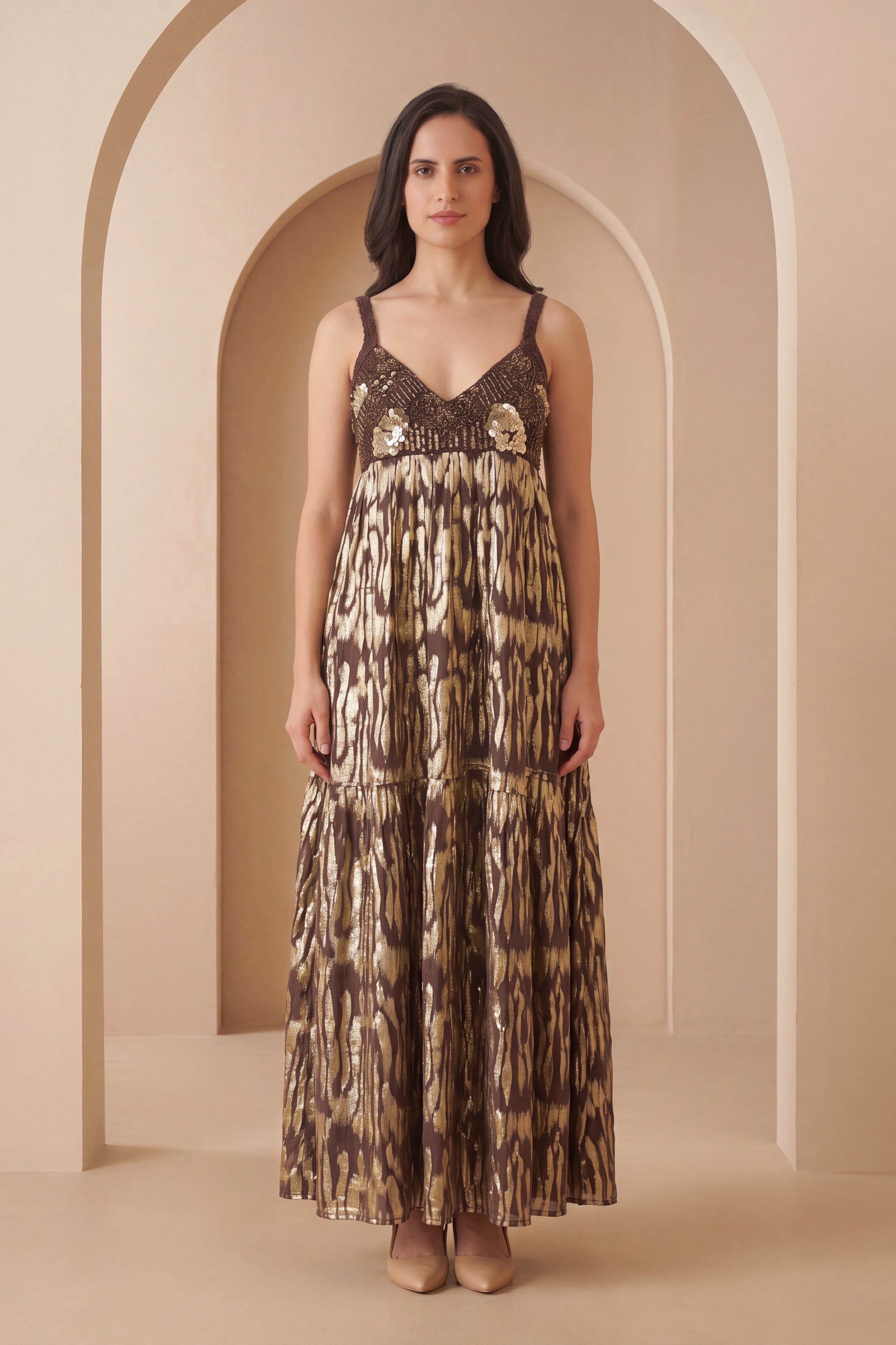 Brown Embellised Seleevless Cotton Maxi Dress