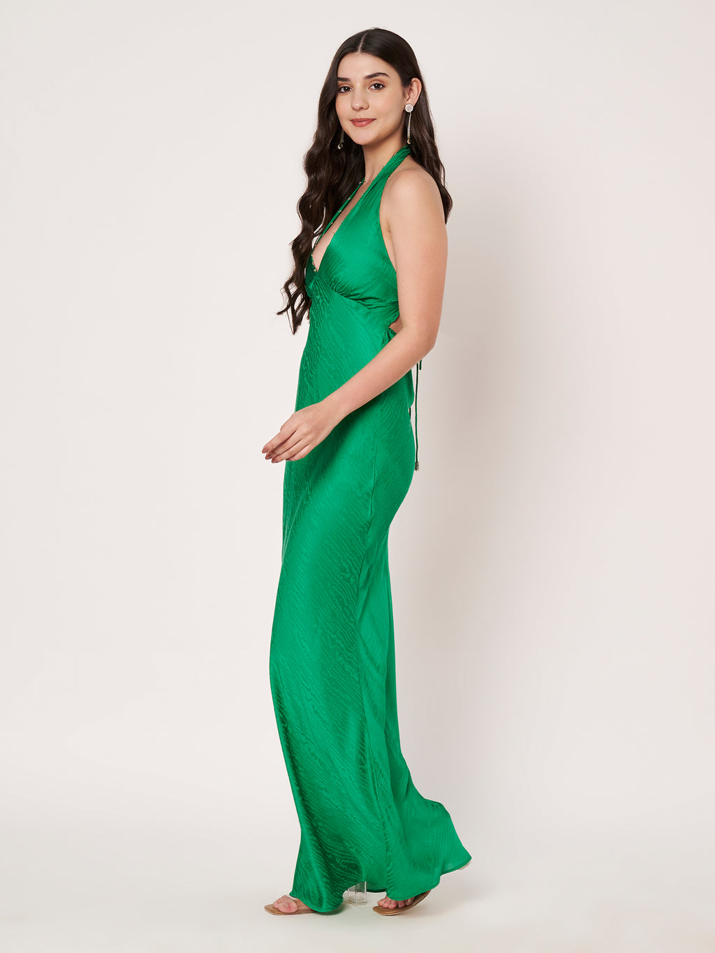 Green Jacquard Halter Neck Maxi Dress