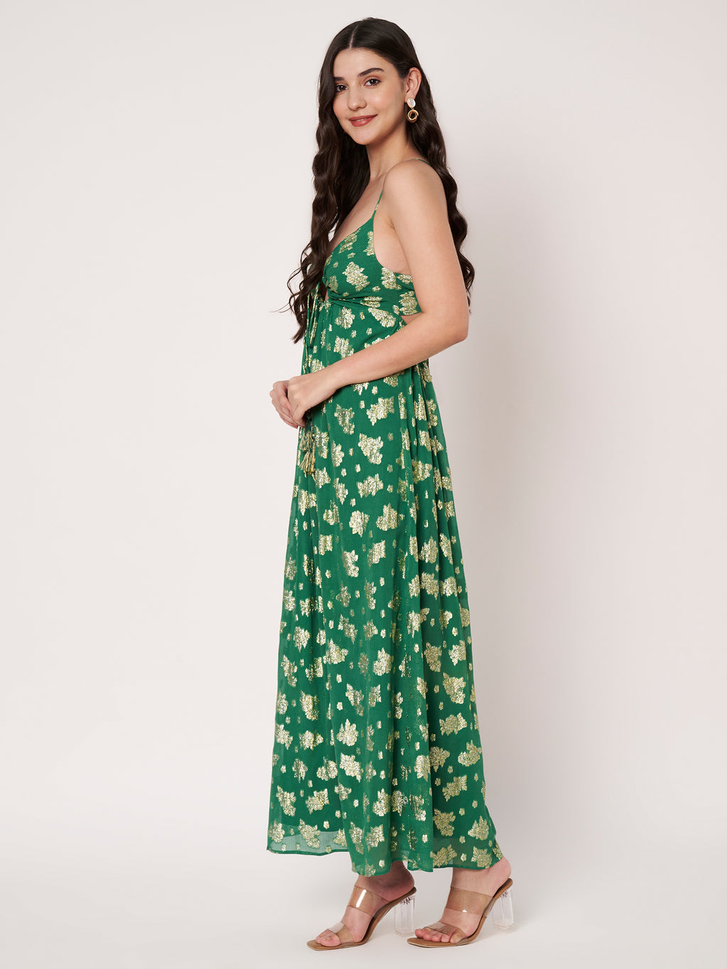 Green Lurex Fit & Flare Maxi Dress
