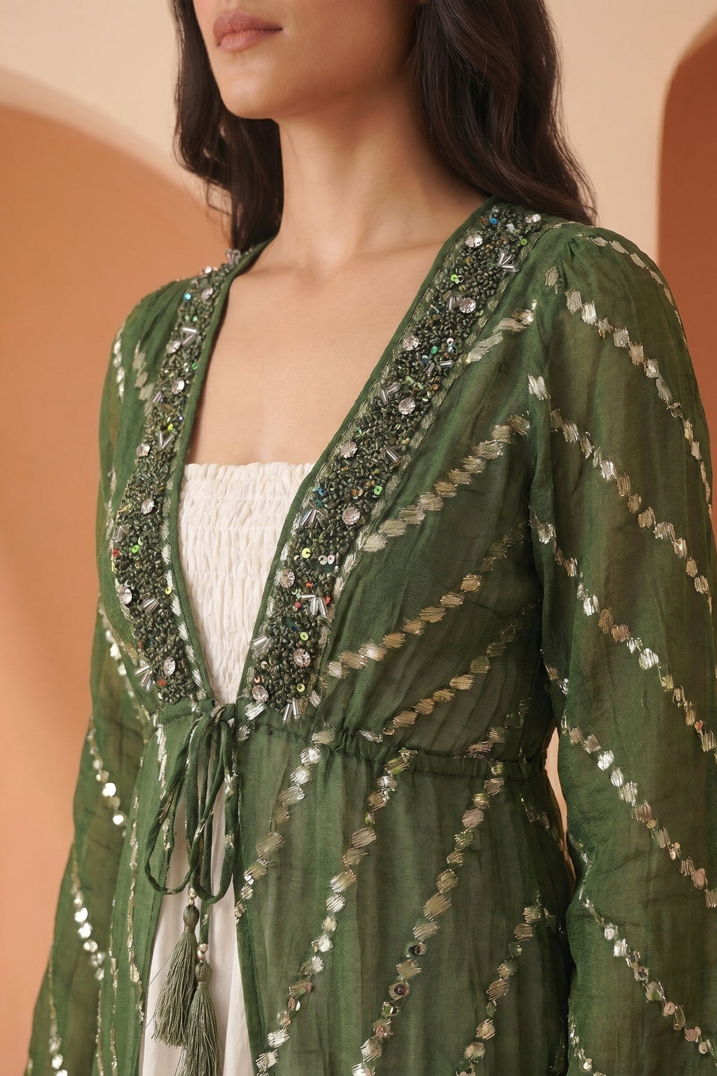Green Printed Longline Tie-Up Shrug Dress