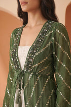 Green Printed Longline Tie-Up Shrug Dress