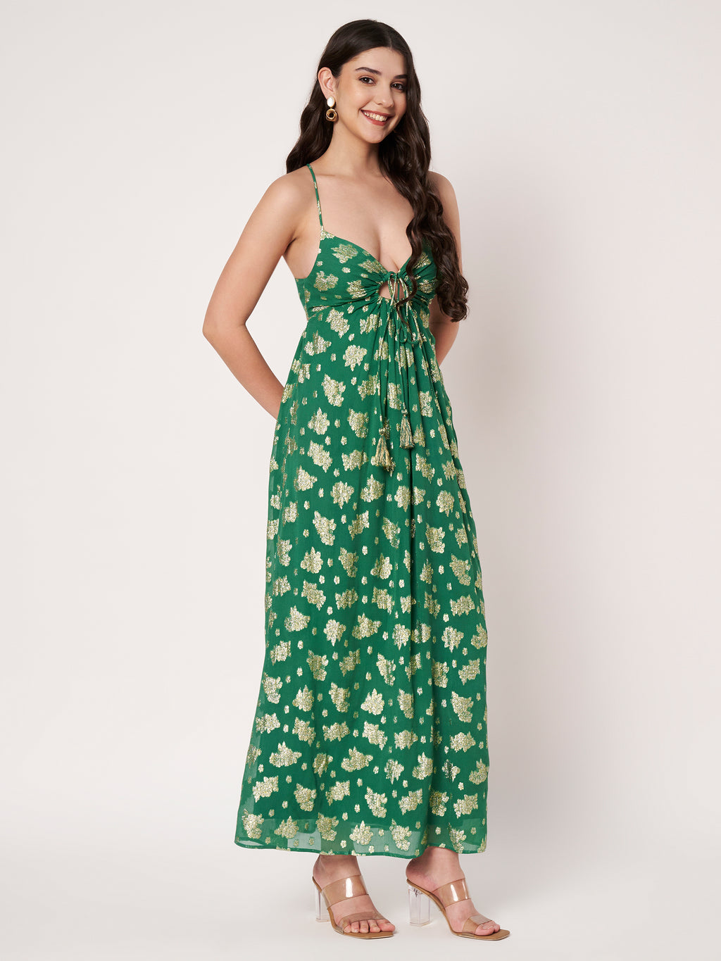 Green Lurex Fit & Flare Maxi Dress
