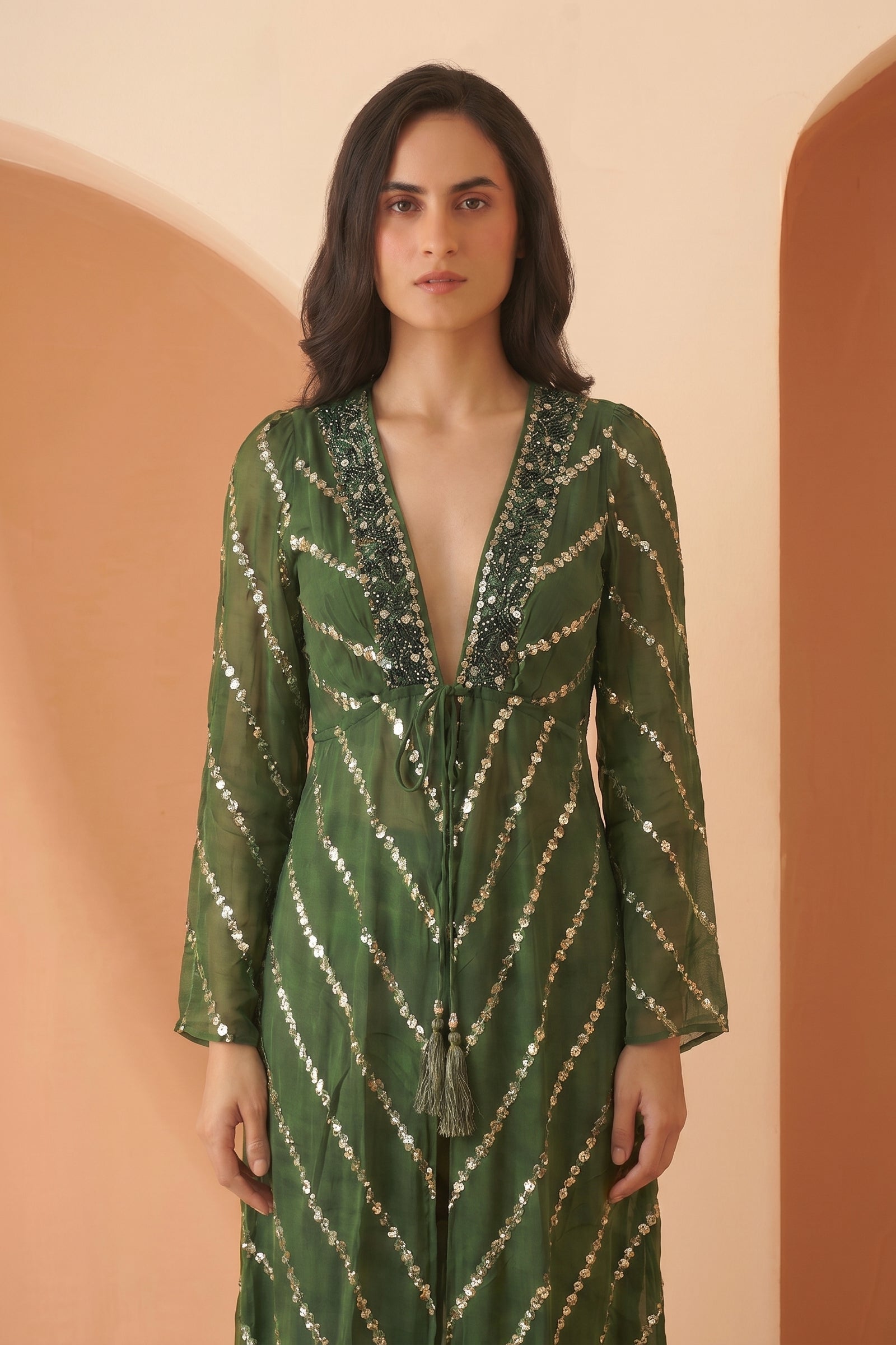 Green Printed Longline Tie-Up Shrug Dress
