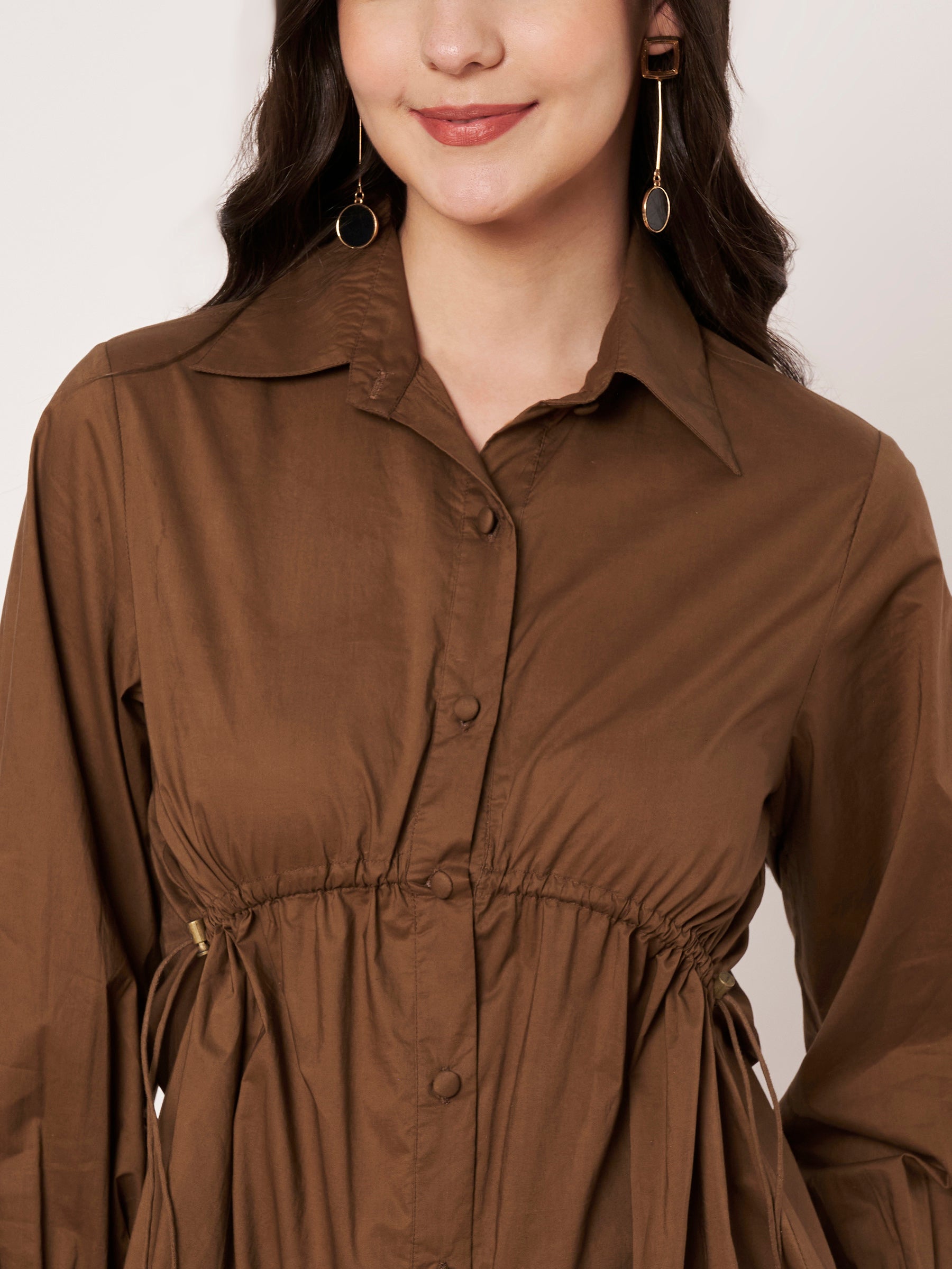Brown Cotton Poplin Tie-Waist Shirt Dress