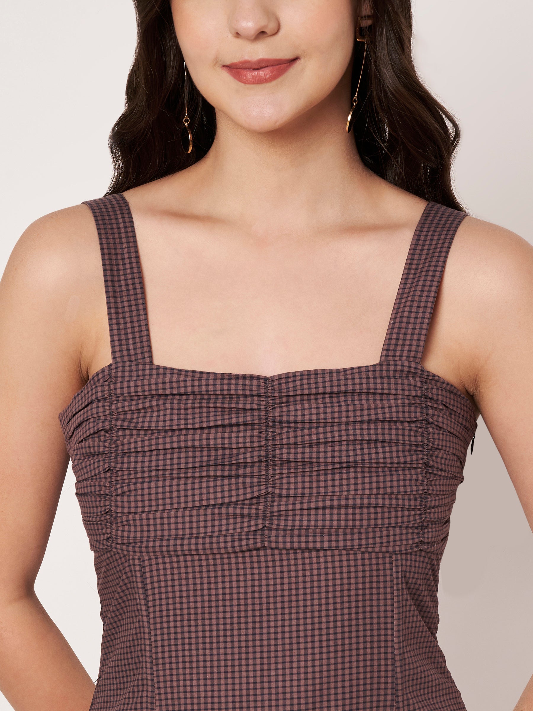 Brown Gingham Tiered Ruffle Mini Dress