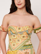 Peach Scarf Print Off Shoulder Mini Dress