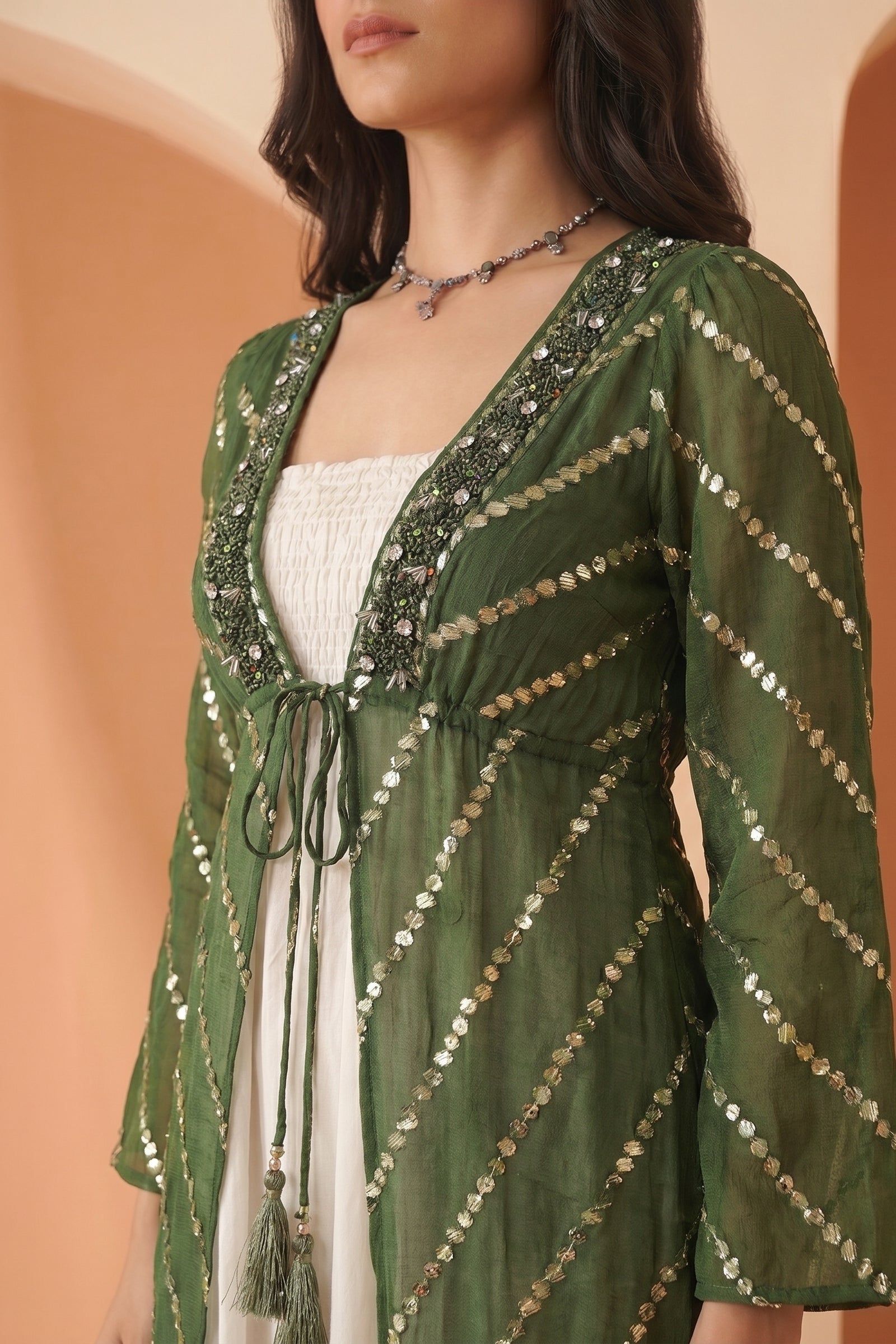 Green Printed Longline Tie-Up Shrug Dress