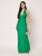 Green Jacquard Halter Neck Maxi Dress