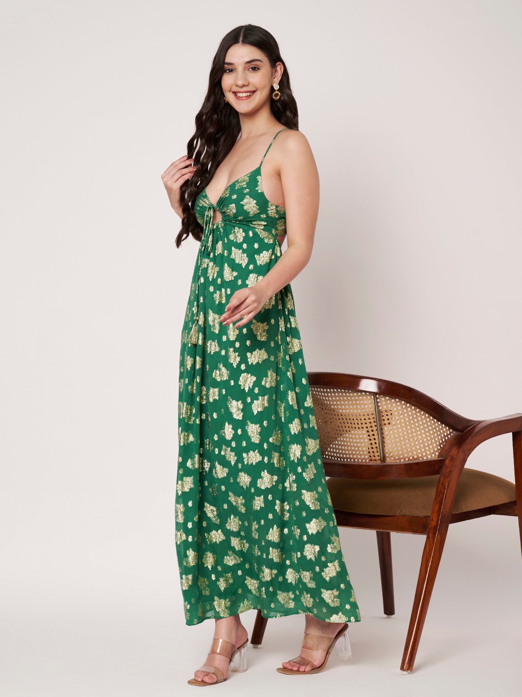 Green Lurex Fit & Flare Maxi Dress
