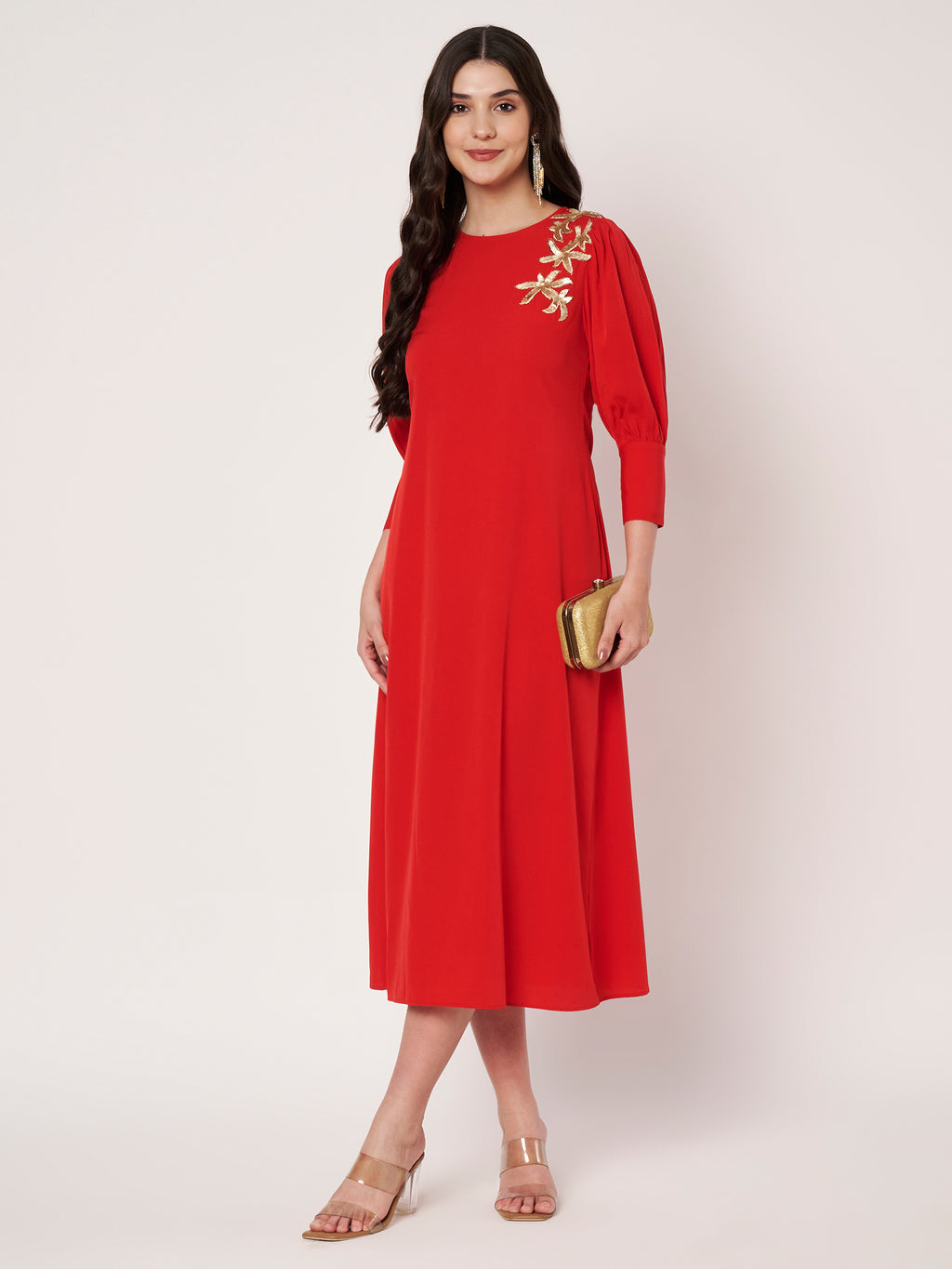 Embellished Red Midi Dress