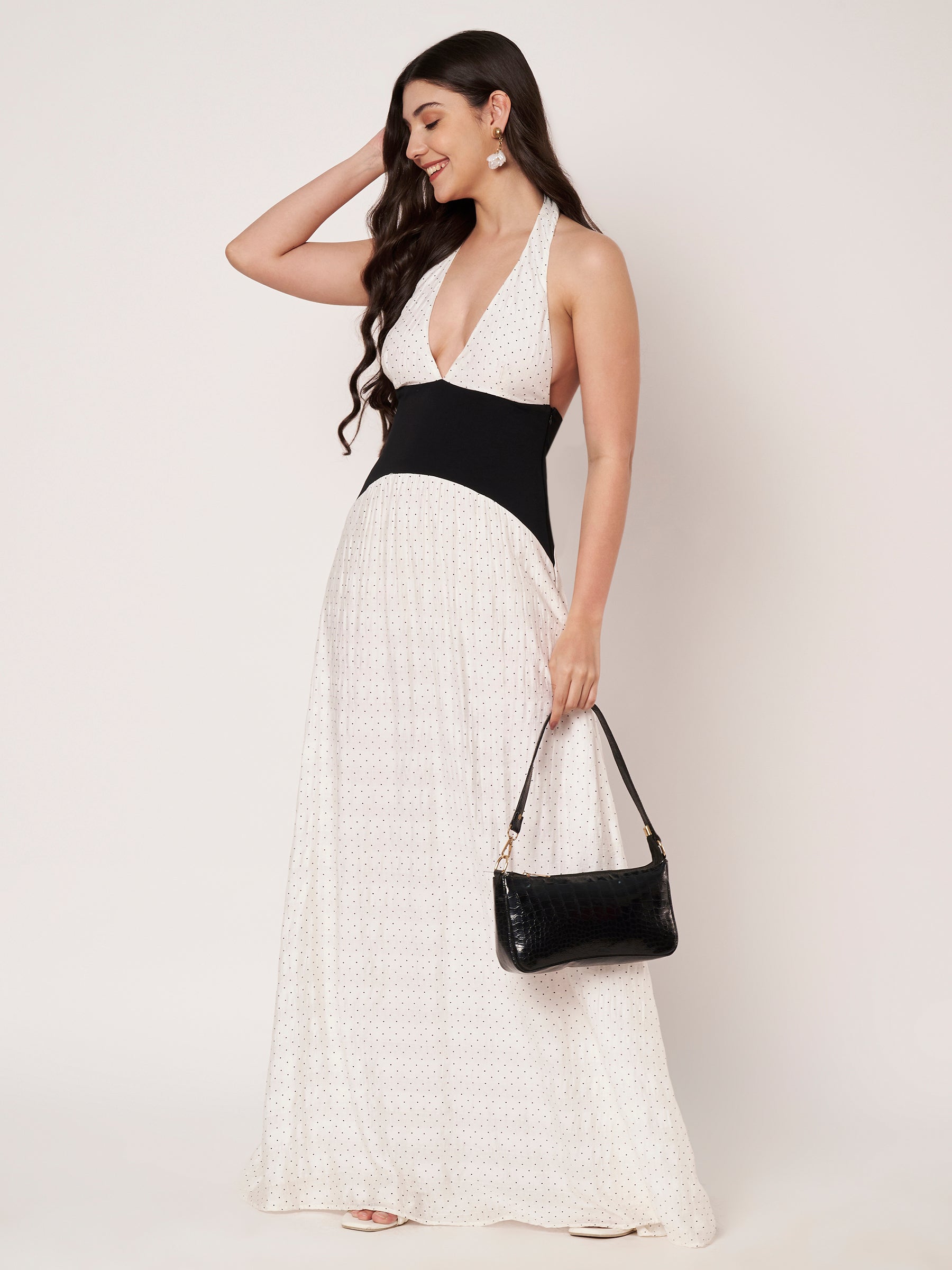 White Polka Dot Halter Neck Maxi Dress