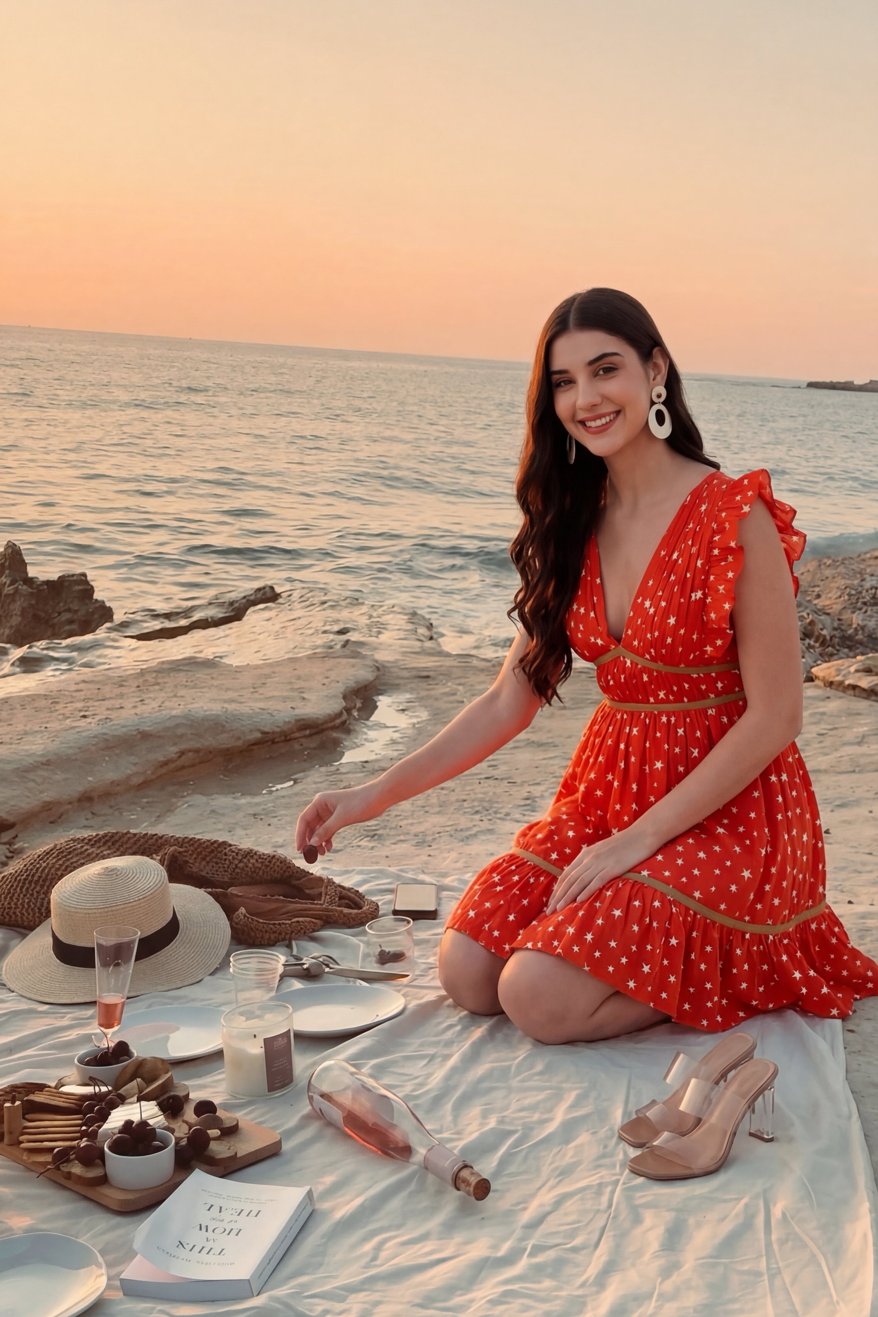 Woman in a red dress sitting on a beach with a picnic setup at sunset.