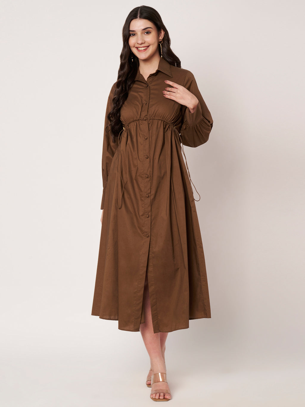 Brown Cotton Poplin Tie-Waist Shirt Dress