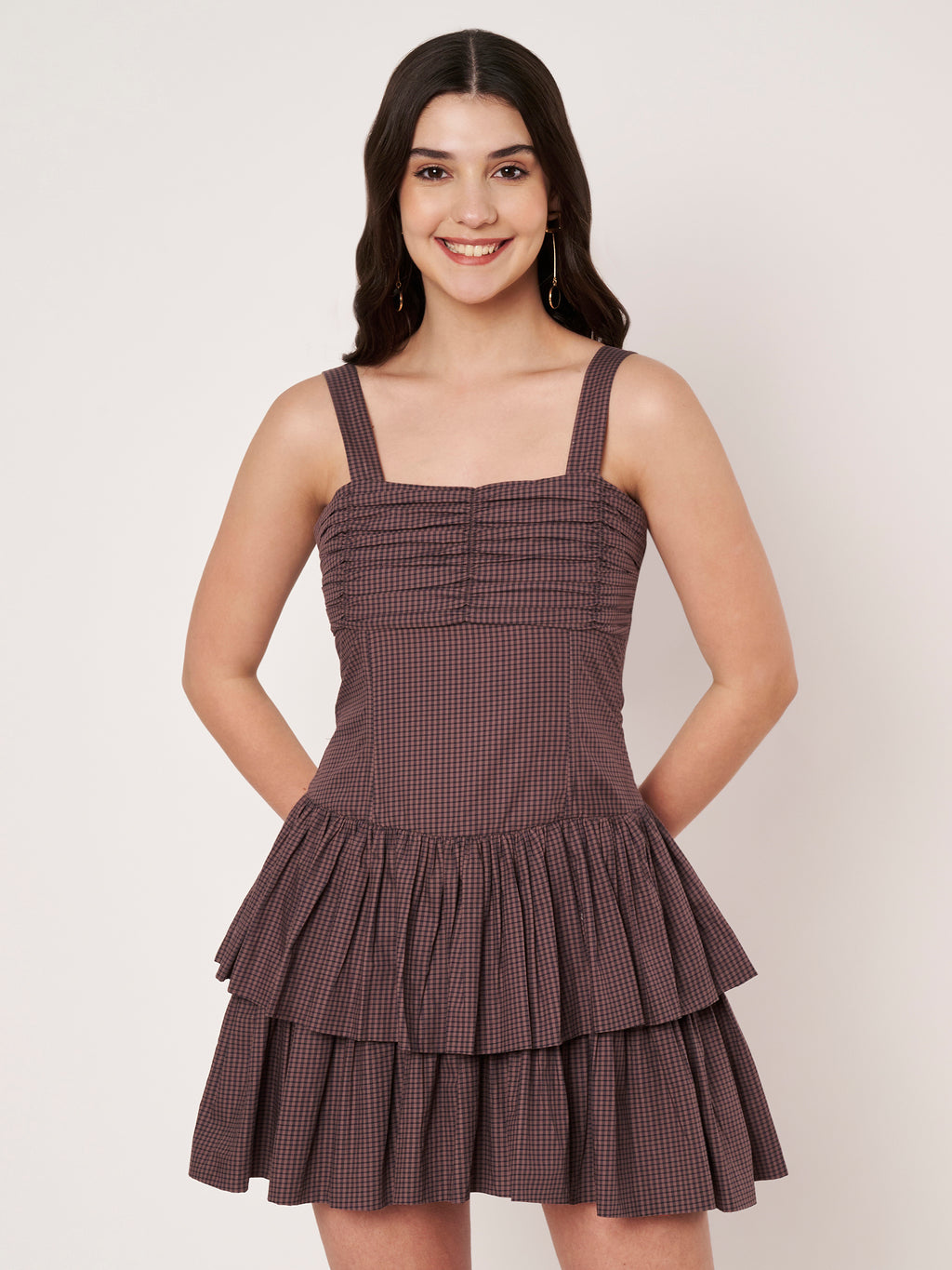Brown Gingham Tiered Ruffle Mini Dress