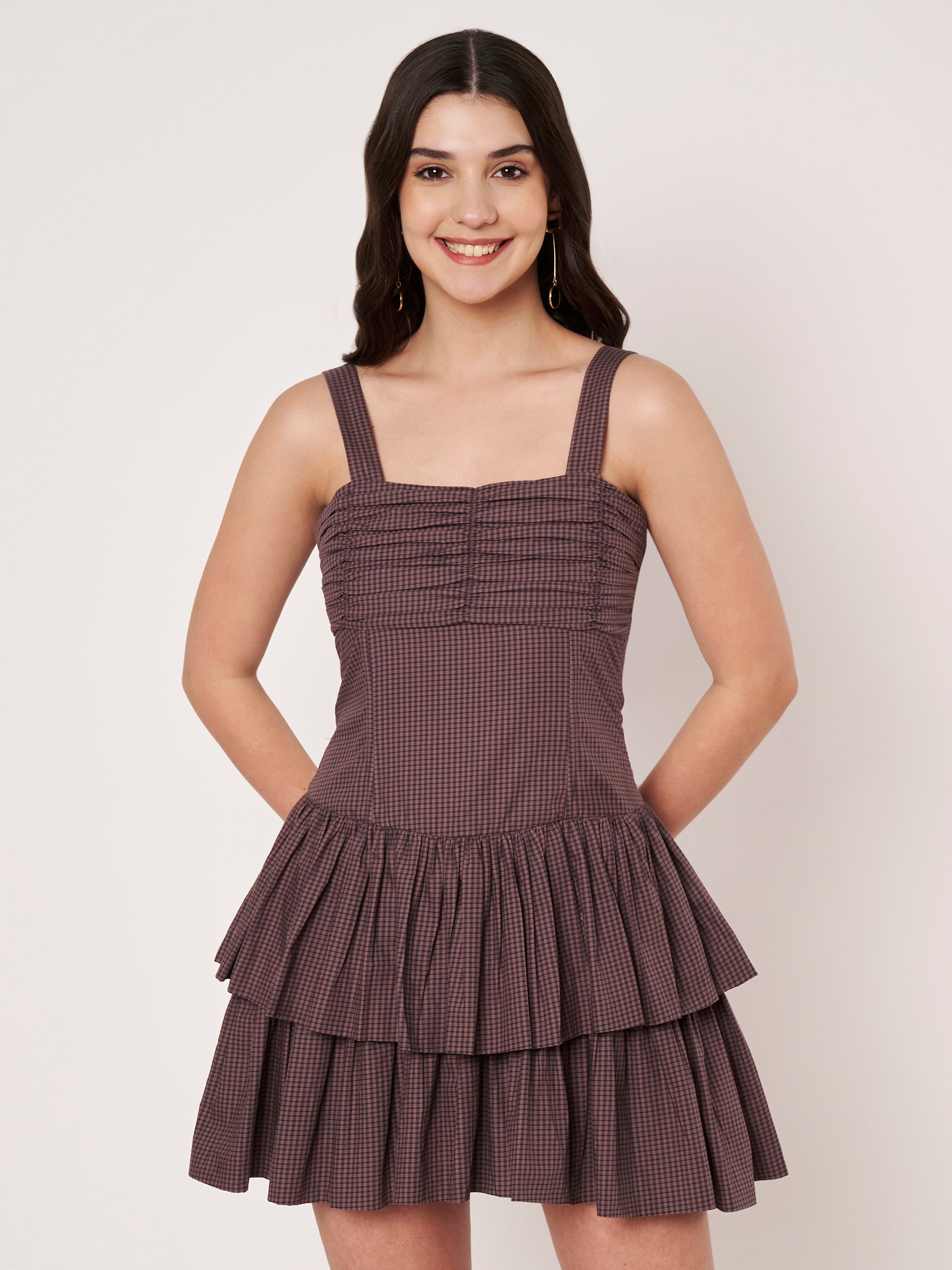 Brown Gingham Tiered Ruffle Mini Dress