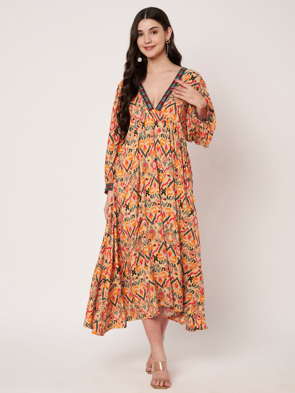 Peach Deep V-Neck Printed Midi Dress